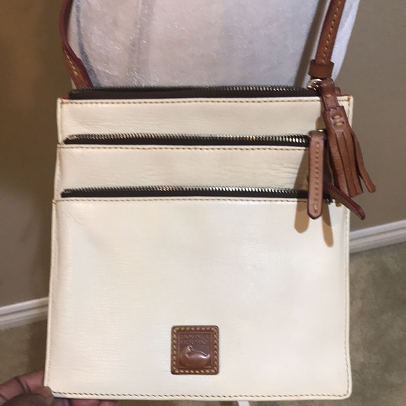 Dooney & Bourke Triple Zip Tassel Ivory & Brown Slim Leather Crossbody Bag - Picture 9 of 12